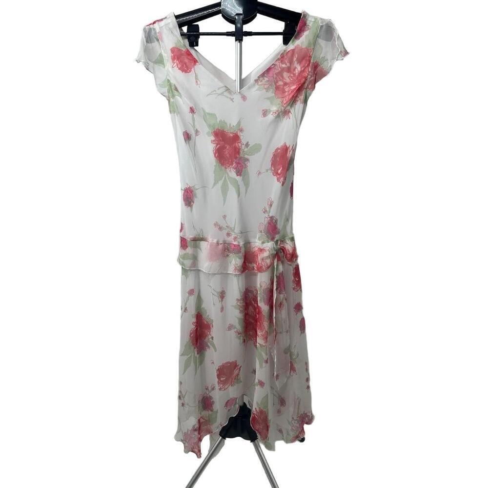 Dressbarn White Pink Floral Cap Sleeves VNeck Hem Y2K 90’s Dress Size 10